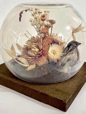 Vintage 60s Dried Flower Glass Terrarium Bird Floral Strawflower Daisy Bouquet